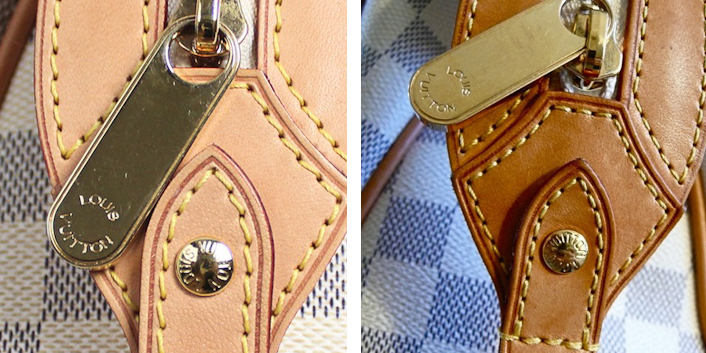 Real LV zipper pull: Logos are engraved lightly on the brass with rounder logo font